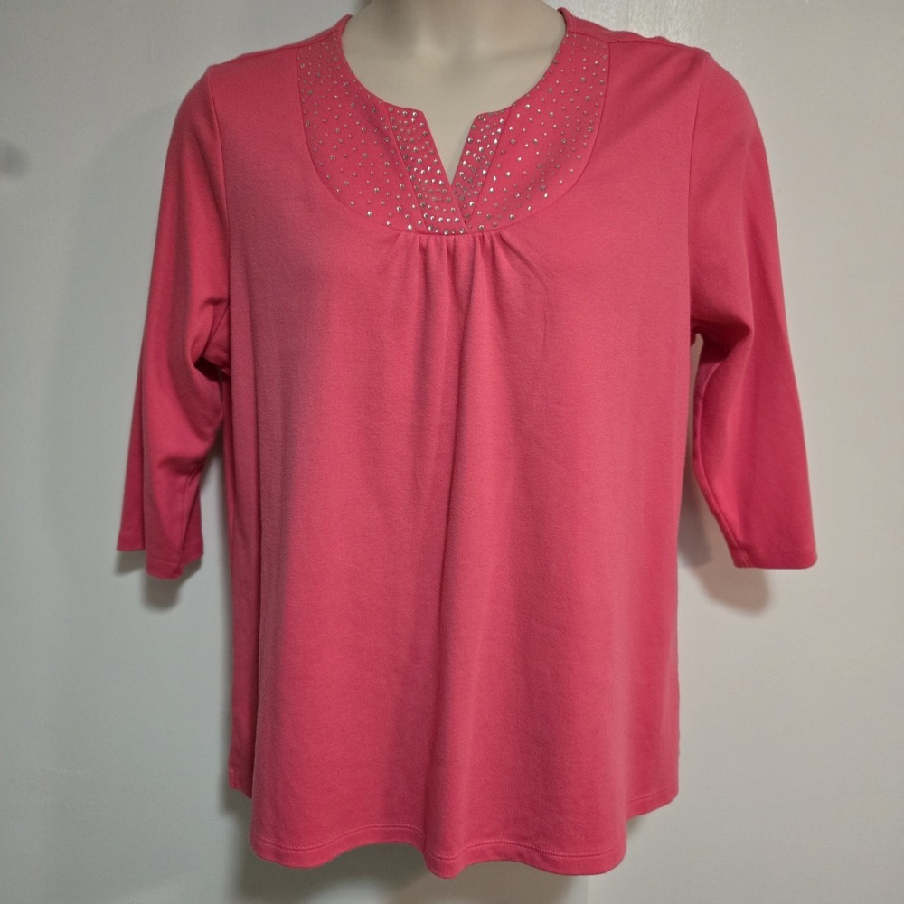 Quacker Factory  Sz XL‎ Coral Pink 3/4 Sleeve Rhinestone Pullover Tee A272881